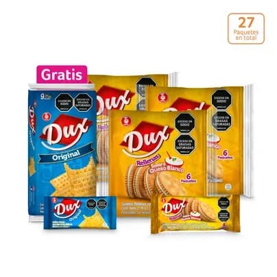 Galletas Dux Rellenas Queso Blanco x 216g x 6 Paquetes + gratis Galletas Dux Original x 9 Paque