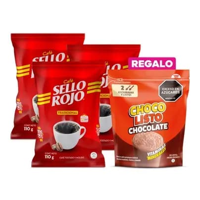 3 Café Sello Rojo Tipo Fuerte x 110g c/u + Regalo: Chocolisto Chocolate x 90g