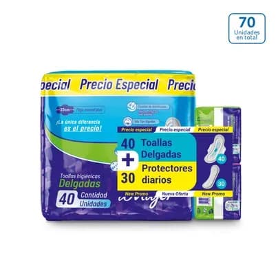 Toallas Higiénicas Delgada D mujer x 40 unds + 2 Protectores Diario x 15 unds c/u