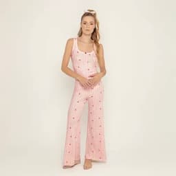 Dolce Pijama Conjunto: Camiseta manga sisa + pantalón rosado blanco M-0
