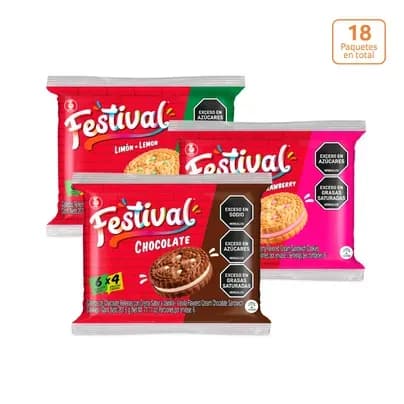 Combo Galletas Festival chocolate, limón y fresa x 6 paquetes x 4 galletas c/u