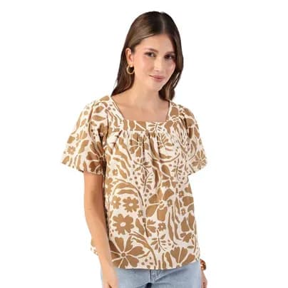 Patprimo Blusa manga corta escote cuadrado Camel L