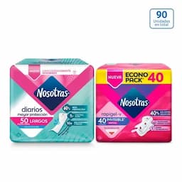 Toallas Higiénicas Nosotras Invisible Rapigel x 40 unds + Protectores Nosotras Diarios Largos x-0
