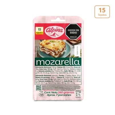 Queso Mozarella Alpina x 240g x 15 Tajadas