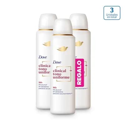Desodorante en aerosol Dove tono uniforme x 150ml c/u (Paga 2 Lleva 3)