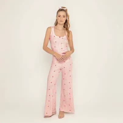 Dolce Pijama Conjunto: Camiseta manga sisa + pantalón rosado blanco S